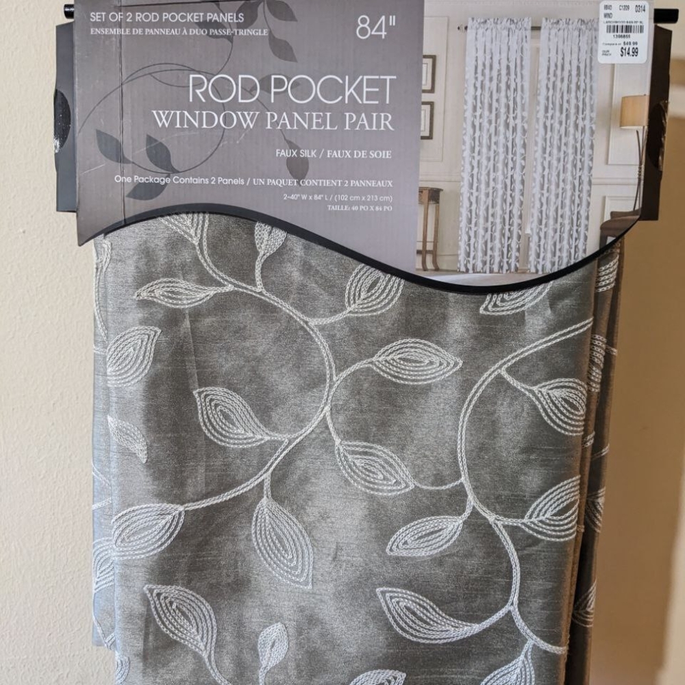 84" Rod Pocket Window Panel Pair - Gray Leaf Design